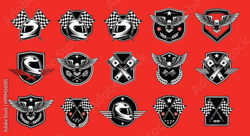 Set of Racing Motorsport and Car Club Emblems with Eagle and Checkered Flag on Red Background.