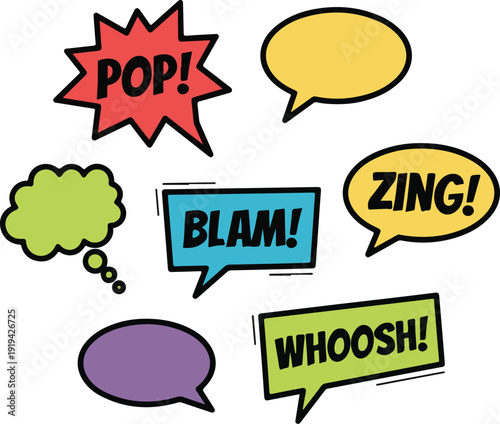 Colorful comic sound effect bubbles with various onomatopoeic words Vector