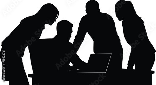 Business Team Working on Laptop Silhouette, Corporate Collaboration and Meeting Concept Vector.