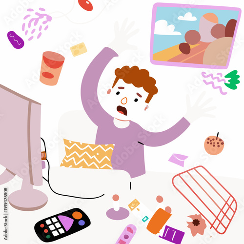 Frantic teenage boy expressing desperation while surrounded by clutter at home