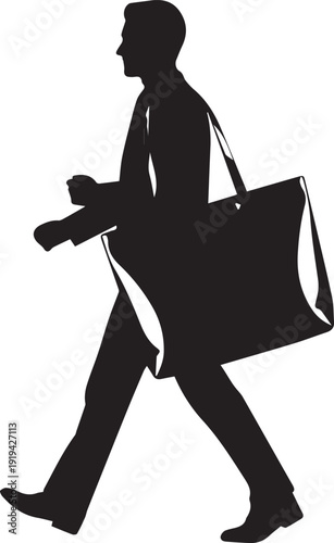 Man shopping walking vector silhouette illustration line art carrying large tote bag over shoulder
