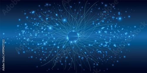 Blue digital eye iris concept with glowing fiber optic light trails and particles, abstract artificial intelligence vision background for biometric security and futuristic technology