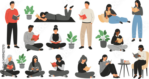 Diverse group of people reading books in various poses including sitting lying down and standing isolated on white for education designDiverse group of people