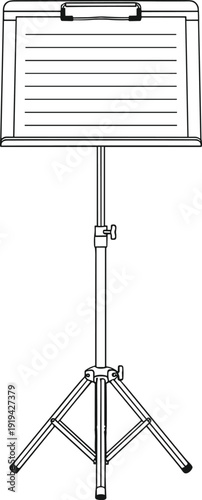 High‑quality black and white vector illustration of tripod stand with clipboard or flip chart, ideal for education, office presentations, training visuals, and professional communication tools.