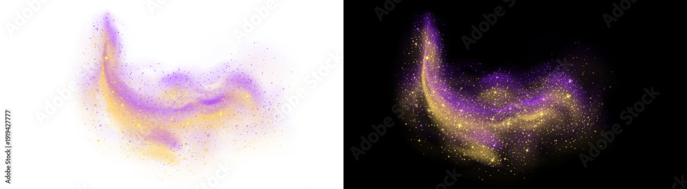 Obraz premium PNG image of&nbsp;Sparkling magical dust cloud with vibrant purple and gold ethereal light streams swirling together on transparent background