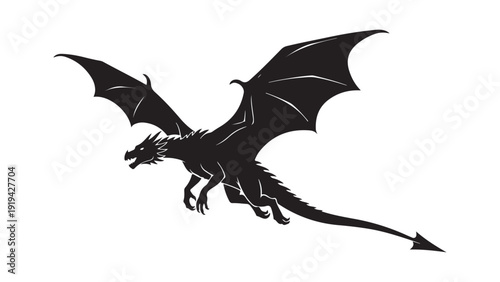 Silhouette Dragon Vector Flying in Dark Night Sky Minimalist Black Line Art Illustration