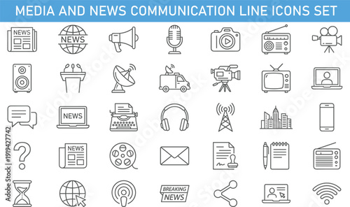 Media and news communication line icons set, broadcasting journalism technology symbols, radio television microphone camera vector illustration collection