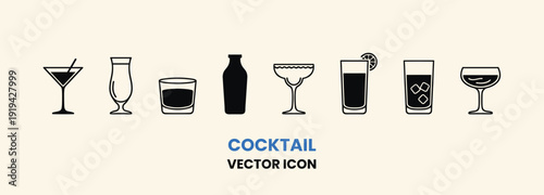 Diverse Collection of Cocktail Glasses and Bottle Vector Icons.