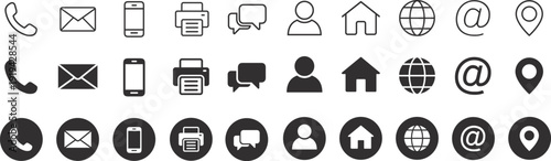 Contact us icon set, containing information name, website, location, address, telephone, mail and more, calender time icons