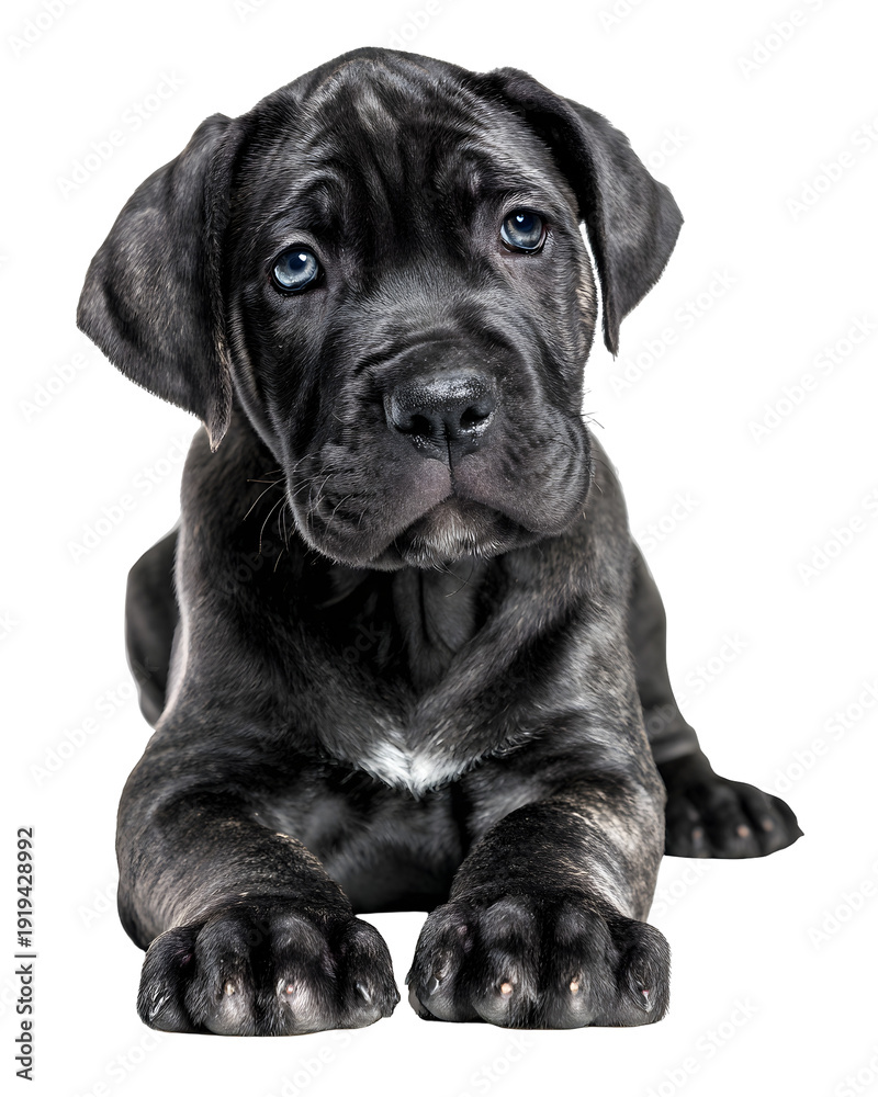 Fototapeta premium Cute Cane Corso puppy with blue eyes, lying down, adorable pet, isolated on transparent background