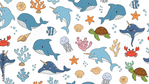 Whimsical underwater seamless pattern with cute sea creatures like narwhals and dolphins among colorful coral reefs.
