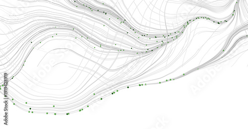 An abstract artwork featuring flowing lines, green dots, and a sense of movement and connection. Minimalist design ideal