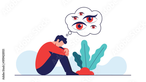 Heartfelt illustration of a person sitting in sadness with a thought bubble showing many judgmental red watching eyes.