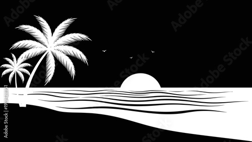 Black and White Tropical Beach Sunset with Palm Trees and Ocean Waves