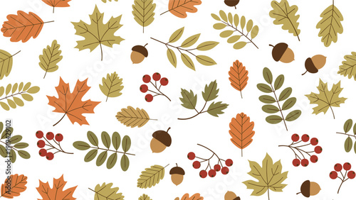 Autumn leaves and berries seamless pattern featuring various tree leaves acorns and rowan berries in fall colors.