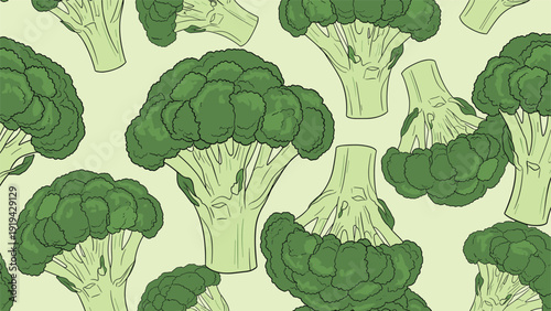 Green broccoli vegetable repeat pattern featuring various sizes and orientations on a pale green background color.