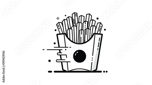French fries in a cardboard container line art icon with decorative dots and motion lines on a white background.