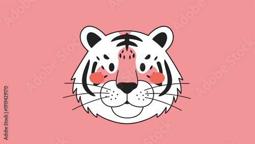 Cute tiger face illustration with pink cheeks and black stripes against a solid pink background in a cartoon style.