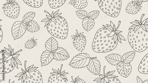 Seamless strawberry pattern featuring hand drawn berries and leaves in a detailed black and white line art style for modern textiles.