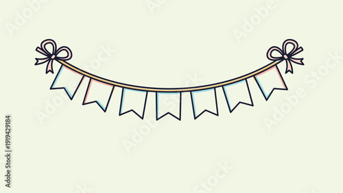 Colorful party bunting flags hanging on a string with bows for celebration and festive event decoration on light green background.