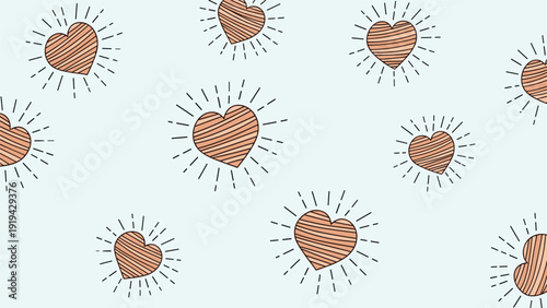 Romantic pattern of hand drawn brown hearts with radiating rays on a soft light blue background for love and affection themes or cards.