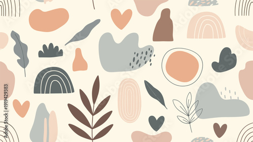 Seamless abstract pattern with organic shapes, leaves, hearts, and rainbows in a warm palette of peach, gray, and brown for wall art.