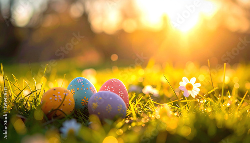 Vibrantly decorated easter eggs nestled in lush green grass, illuminated by the warm, golden glow of a spring sunset, creating a festive and serene holiday scene.