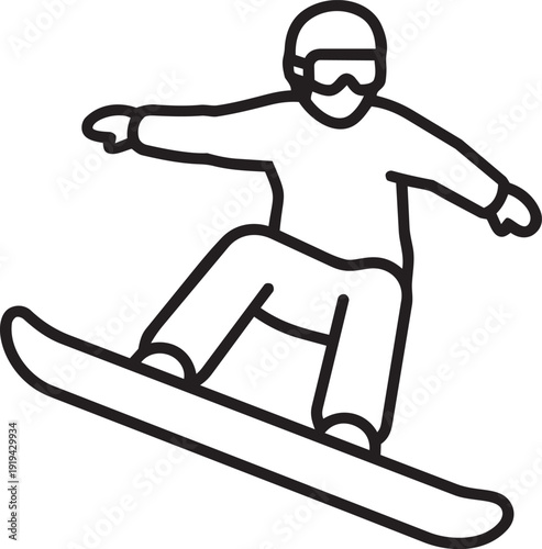 Outline illustration of a snowboarder performing a jump, representing winter sports, extreme mountain activities, and adrenaline.