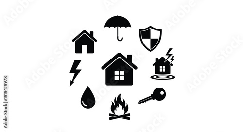 Collection of black and white icons representing various essential home protection and security elements
