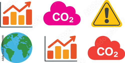 Climate Change and Environment Outline Icon Set  Graph, CO₂, Warning, and Globe