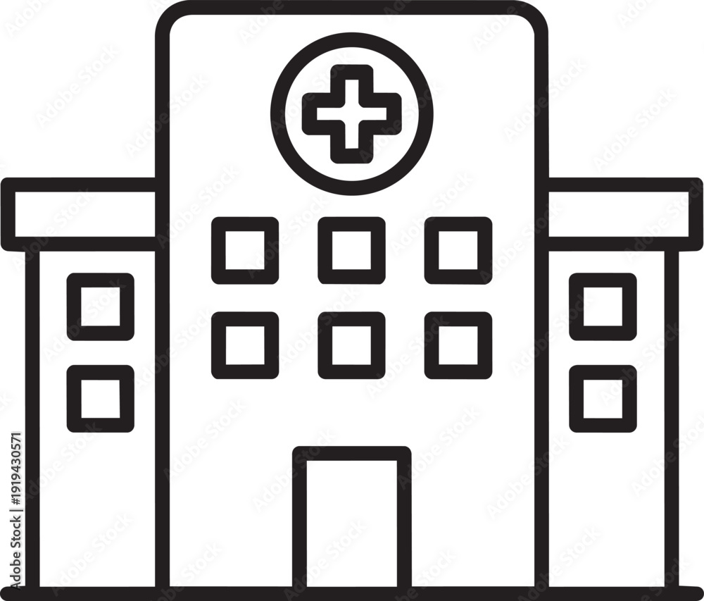Fototapeta premium Hospital Icon: A clean and simple black and white vector graphic of a modern hospital, featuring a cross symbol, windows, and architectural details, representing health and care.