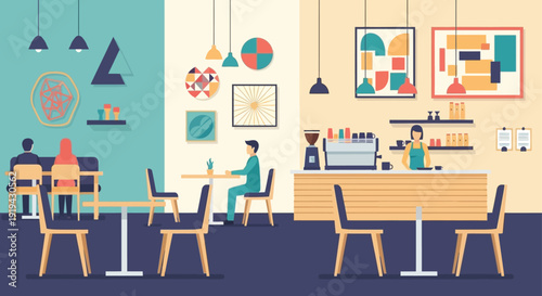 Modern coffee shop interior with customers and barista