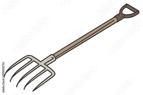 Flat cartoon of a brown garden pitchfork with wooden handle and four metal tines rural farming tools silhouette