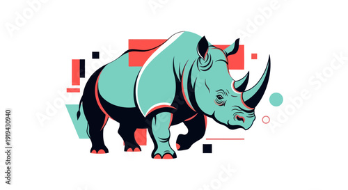 Stylized green rhino illustration against white background with geometric shapes
