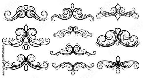 Collection of ornate black swirls and flourishes in decorative arrangements
