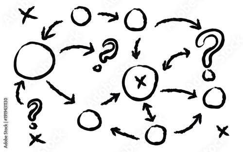 Soccer strategy mapping and hand-drawn game tactic icon vector. Creative process diagram with arrows, circles, and question marks for problem-solving. Vector Illustration.