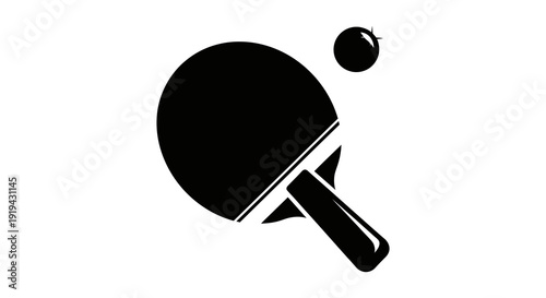 Black and white illustration of a ping pong paddle and ball
