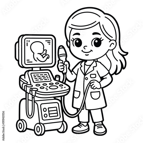 Cute cartoon child doctor holding ultrasound transducer near medical equipment with baby image on screen