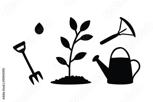 Rural farming tools silhouette Black and white gardening tools and plant silhouette including shovel rake watering can and seedling