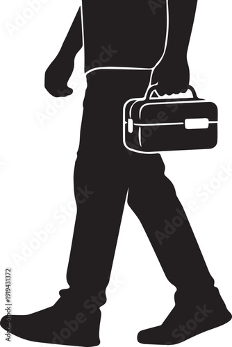 Worker walking holding small tool case vector silhouette illustration line art side view close up isolated