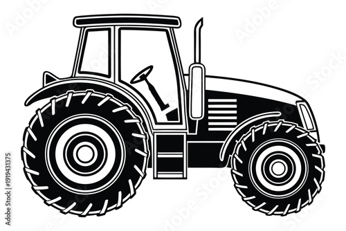 Rural farming tools silhouette Black and white line of a large agricultural tractor side view agriculture