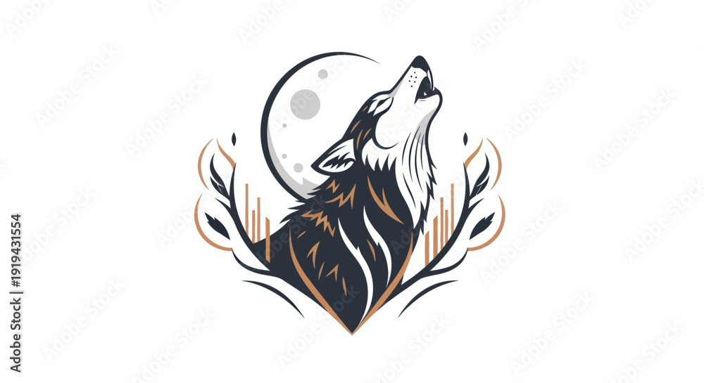 Φωτογραφία Stylized illustration of a howling wolf and moon against a white backdrop