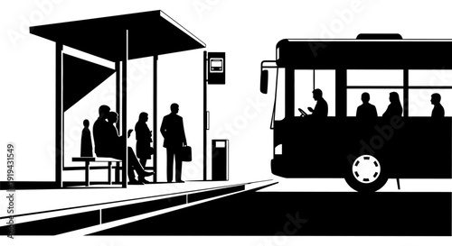 A black and white illustration depicts people waiting at a bus stop for a arriving bus