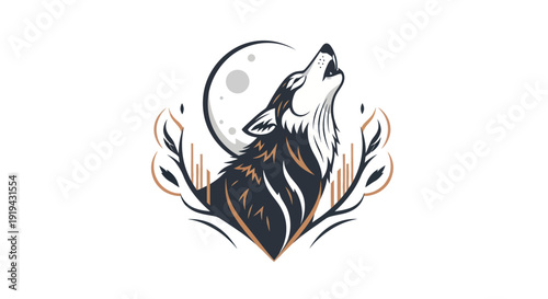 Stylized illustration of a howling wolf and moon against a white backdrop