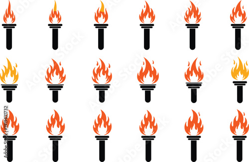 Set of flaming torch icons with orange fire and black handles isolated on white for sports victory olympic games and celebrationSet of flaming torch icons with 