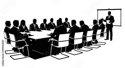 A business meeting in progress with a presenter and seated attendees