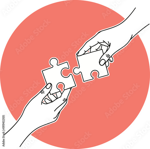 Hands connecting puzzle pieces vector illustration symbolizing teamwork and problem solving