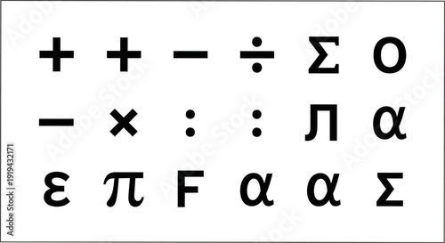 Mathematical and greek symbols arranged in a grid on a white background