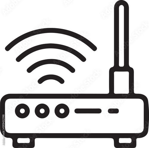 A modern vector illustration featuring a wireless network signal symbol and wifi router icon designed as a blue internet connection button for mobile phone technology and web communication