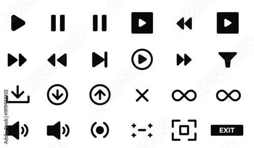media player and control icons collection in black, isolated on white background, including playback, volume, settings, navigation, and multimedia interface symbols.
